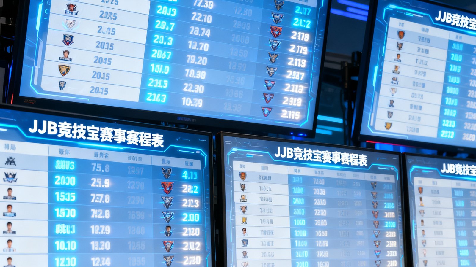 JJB竞技宝赛事数据大屏展示实时积分榜与赛程表，多块显示器上跳动着各战队的最新排名与对局比分数据